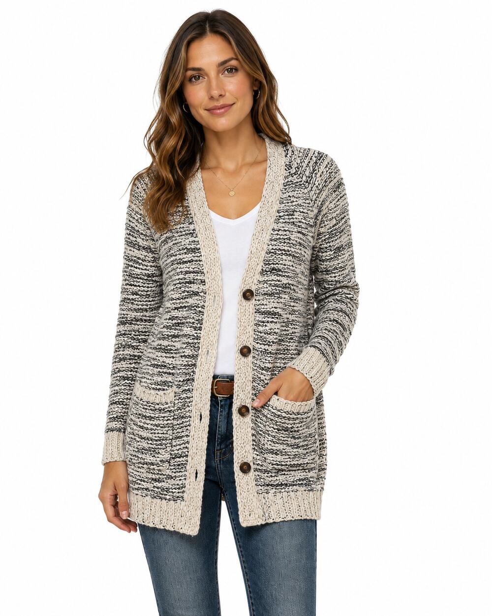 Paper Crane Marled Knit Long Cardigan Sweater Medium Gray Cream Button Front